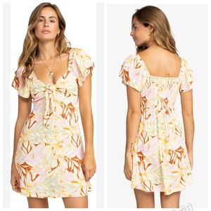 Roxy Oceanview Gauze Flutter Sleeve Tie Bust Mini Smocked Back Dress Sz L B17